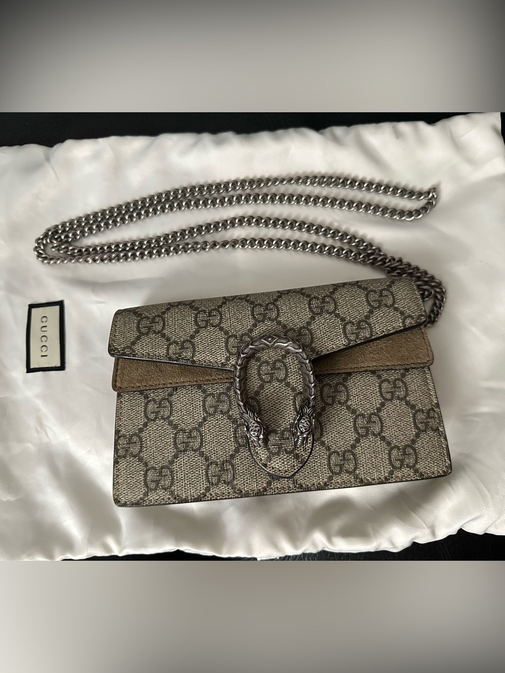Gucci Beige GG Supreme Dionysus Wallet Mini with Antique Silver Hardware
